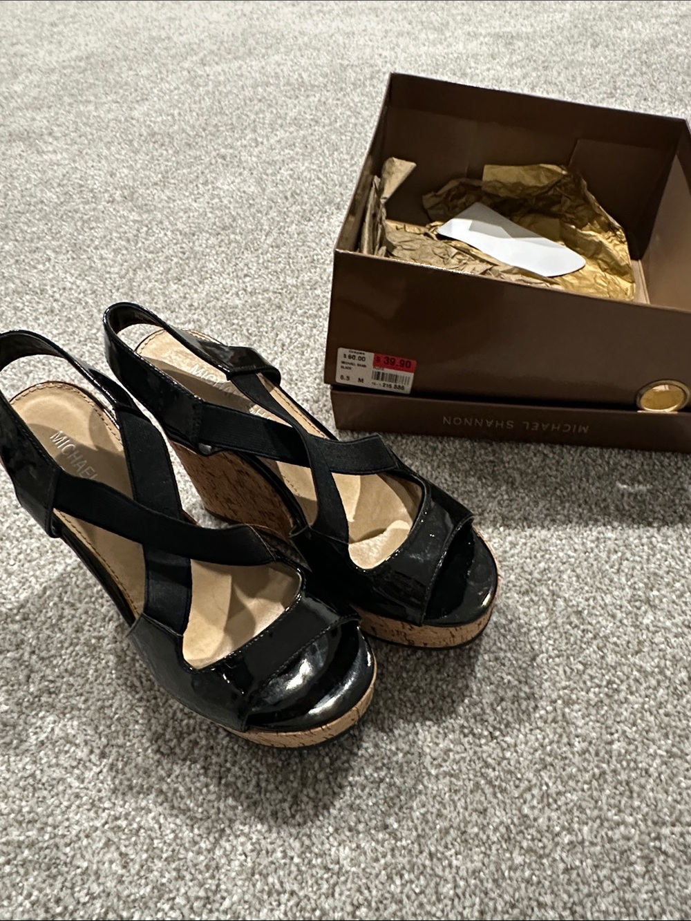 Michael Shannon Black Patent Cork Platform Wedge Sandals